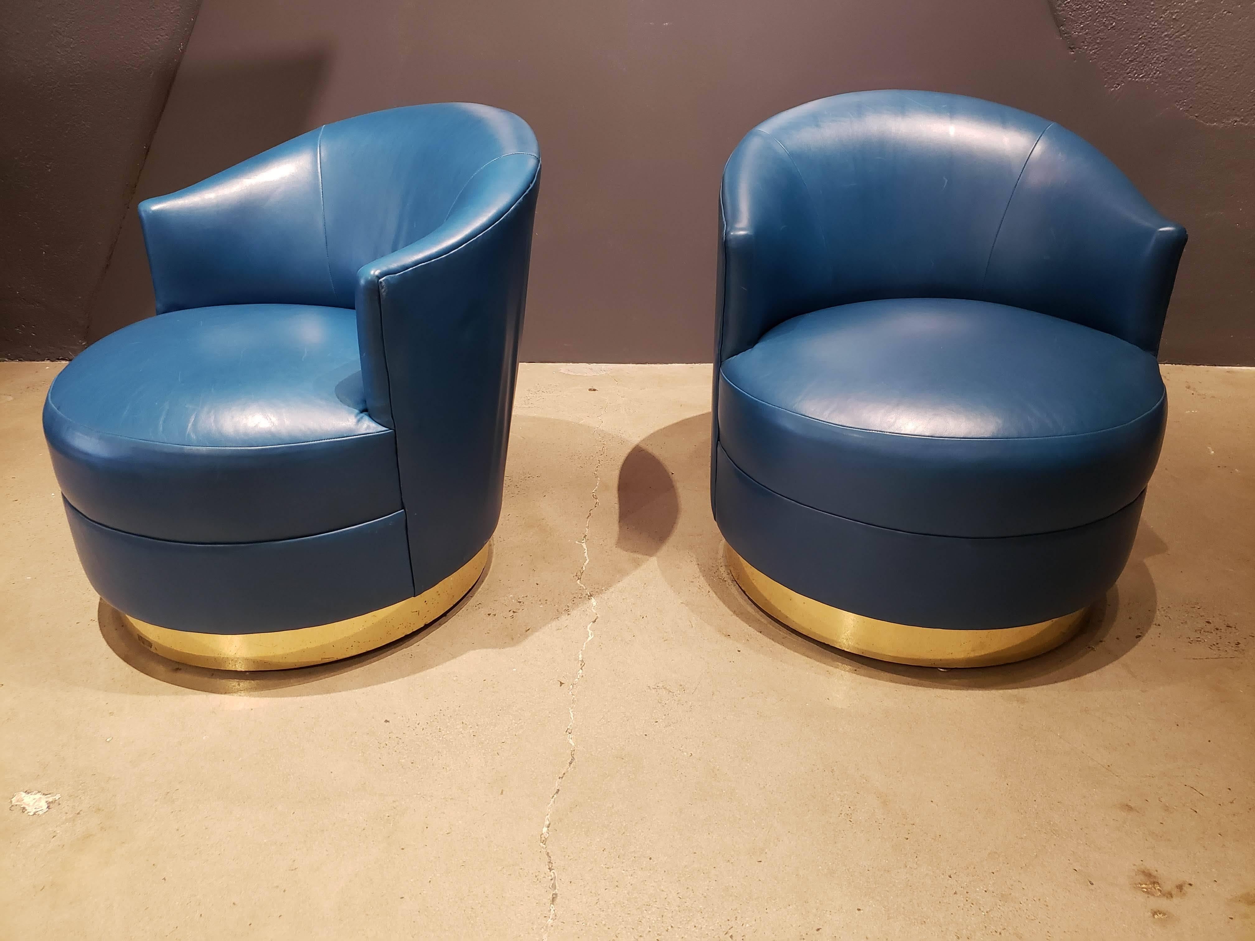 Opulent Swivel Chairs by Karl Springer in Brass and Original Teal Leather, Pair In Excellent Condition In New York, NY