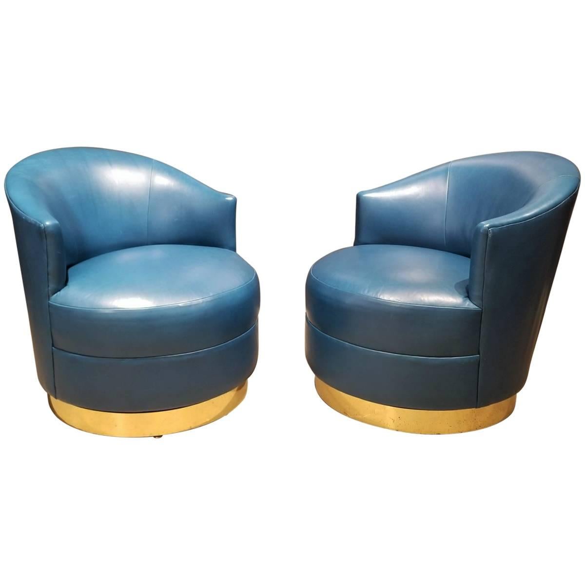Opulent Swivel Chairs by Karl Springer in Brass and Original Teal Leather, Pair