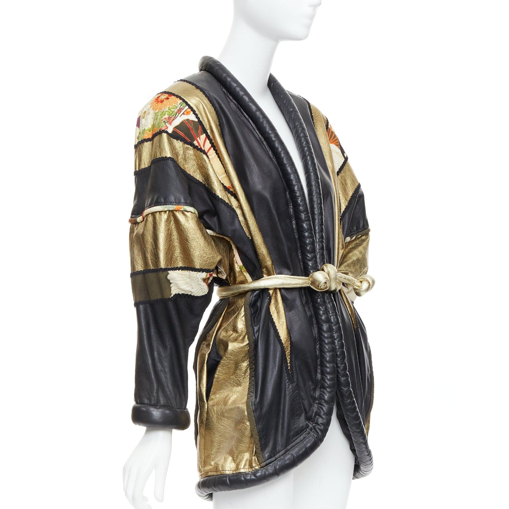 Black OPULENT Vintage gold black leather oriental patchwork belted coat