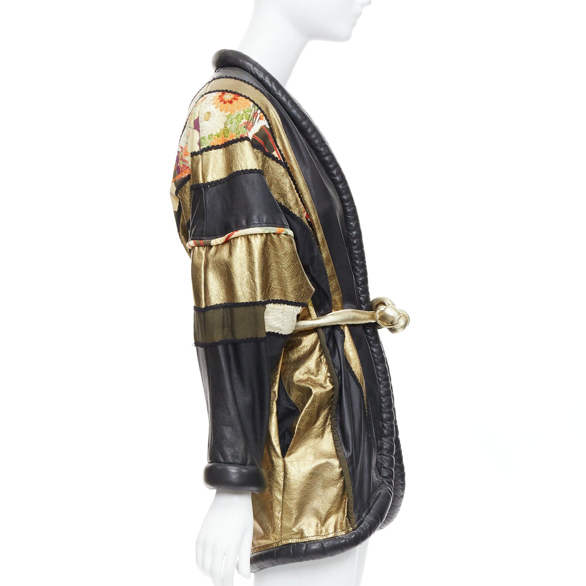Women's OPULENT Vintage gold black leather oriental patchwork belted coat