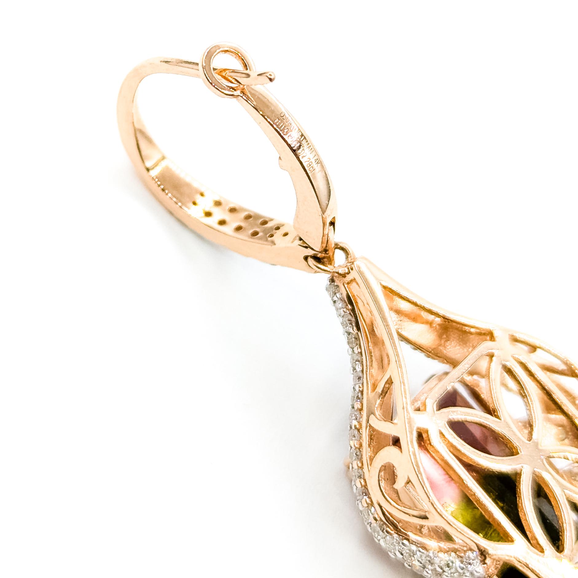 Boucles d'oreilles opulentes en or rose 14k avec tourmaline melon d'eau et diamant Pour femmes en vente