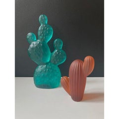 Opuntia Cactus in Forest Green Glass Sculpture