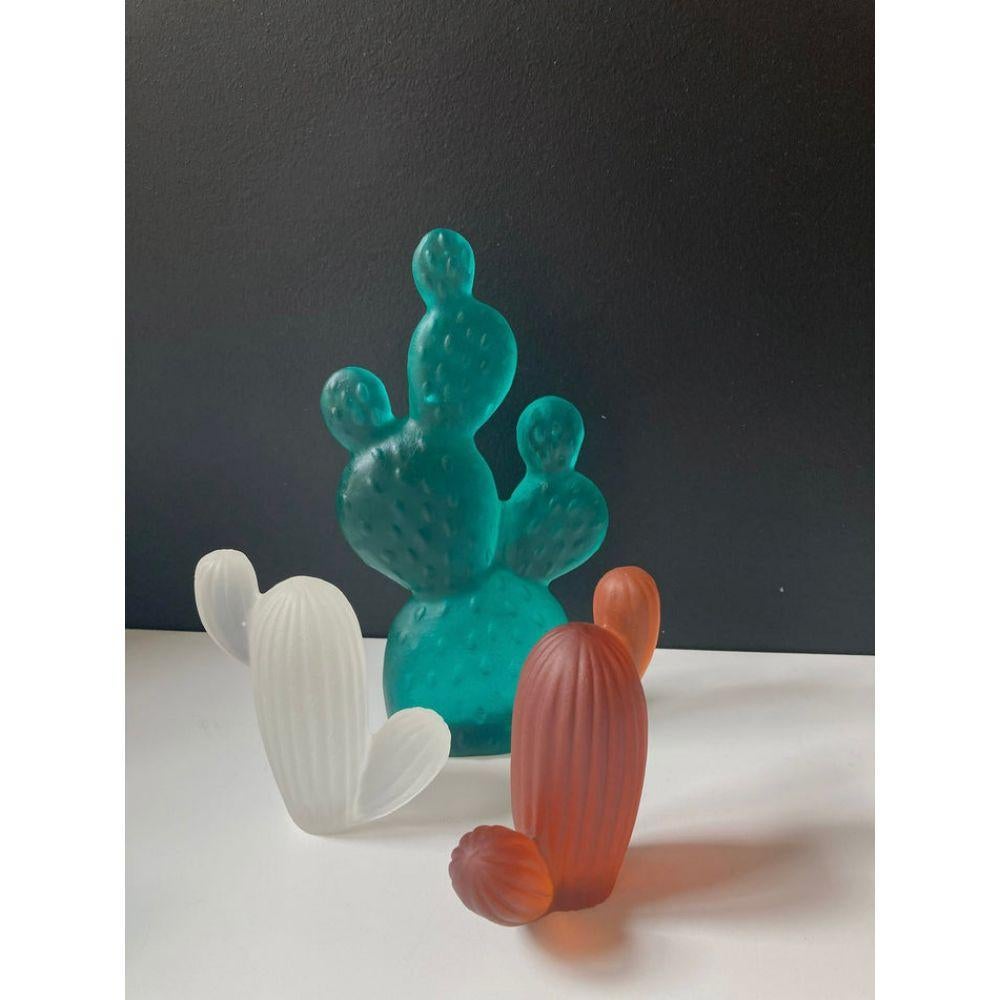 European Opuntia Cactus in Forest Green Glass Sculpture For Sale