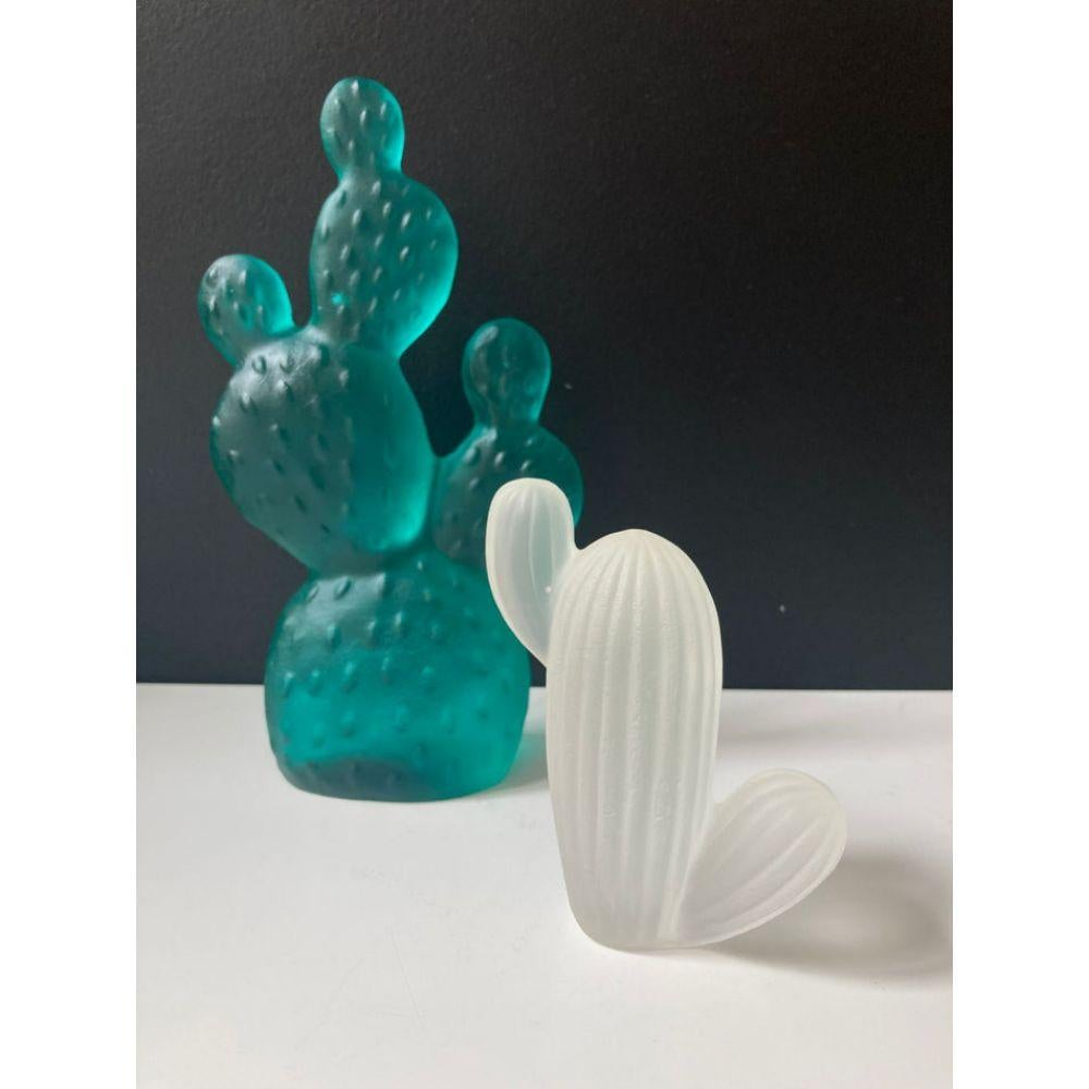 Cast Opuntia Cactus in Forest Green Glass Sculpture For Sale