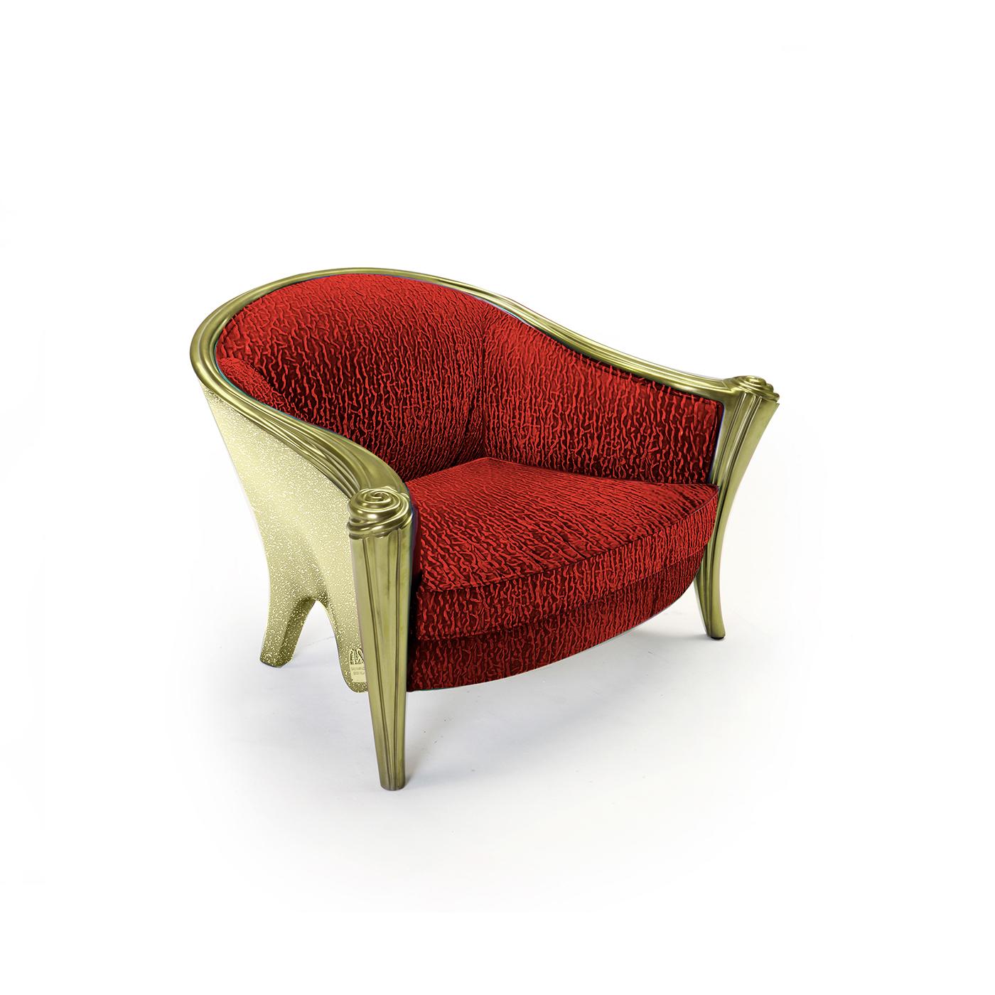 This lavish armchair from the Opus collection exudes sartorial appeal and glamorous style that will be the focal point of any room. Specially made for both children and pets alike, this small armchair is characterized by a sinuous silhouette, with