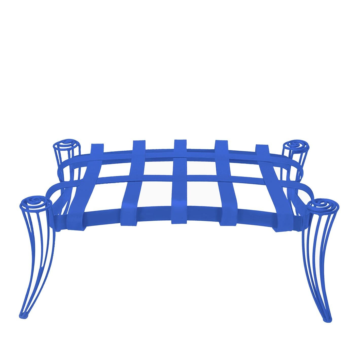 Lacquered in a vibrant shade of blue and treated to be rust-resistant, this artful pouf was designed by Carlo Rampazzi to safely complement gardens, patios, or terraces while not renouncing glamour. The iron frame is minutely hand-bended up to