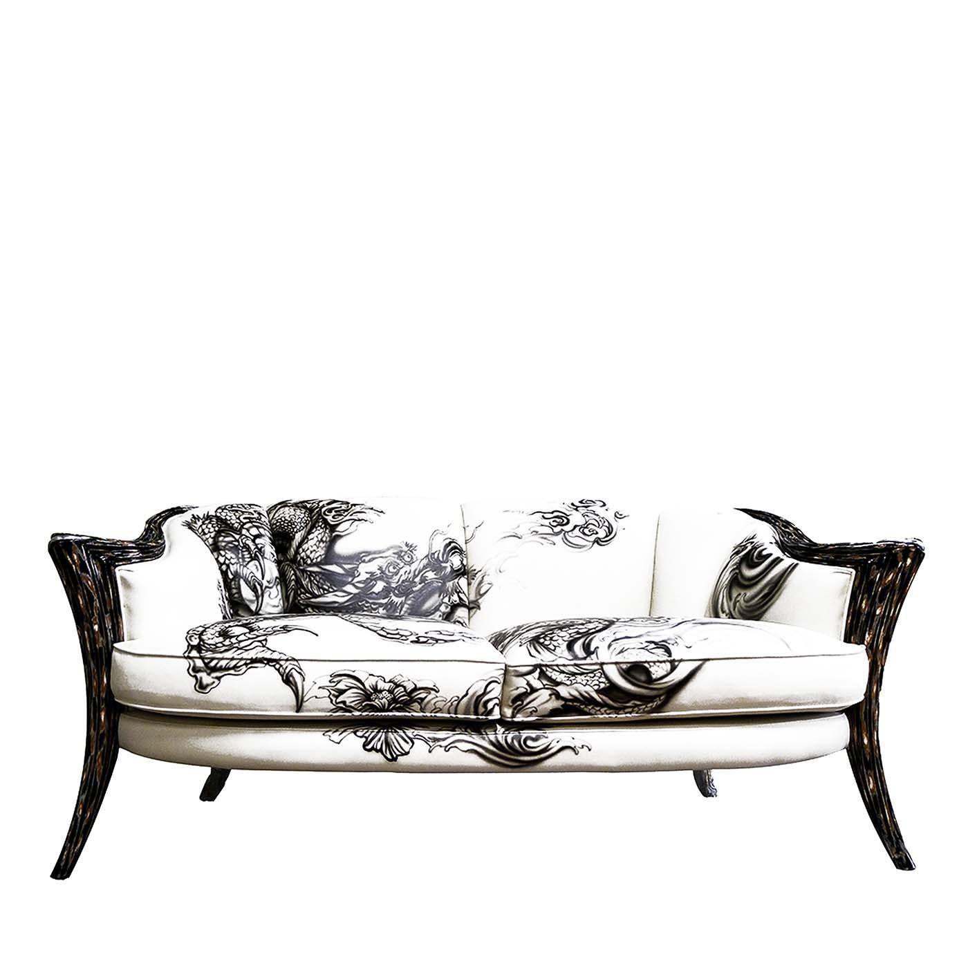 A stunning addition to a modern or eclectic home, this one-of-a-kind two-seat sofa, part of the Opus Futura collection, will make a statement in living room, bedroom or study, infusing a room with unique charm. The wooden frame of the carved legs