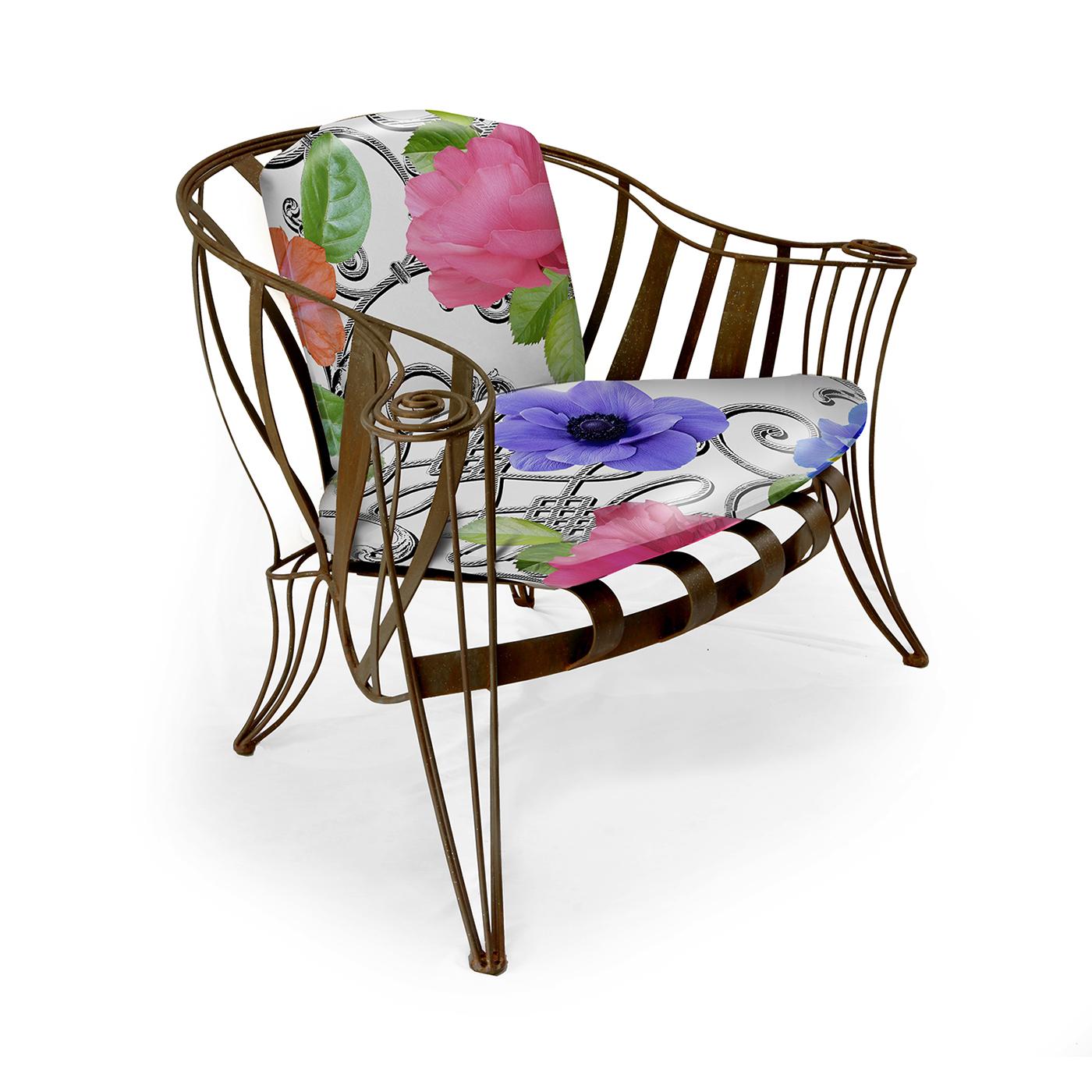 Introducing the opulent Opus Garden White Flower armchair, a design piece by Carlo Rampazzi. This extraordinary piece boasts an intricately hand-bended iron frame, meticulously treated with rust-resistant protection. To enhance comfort, the sofa is