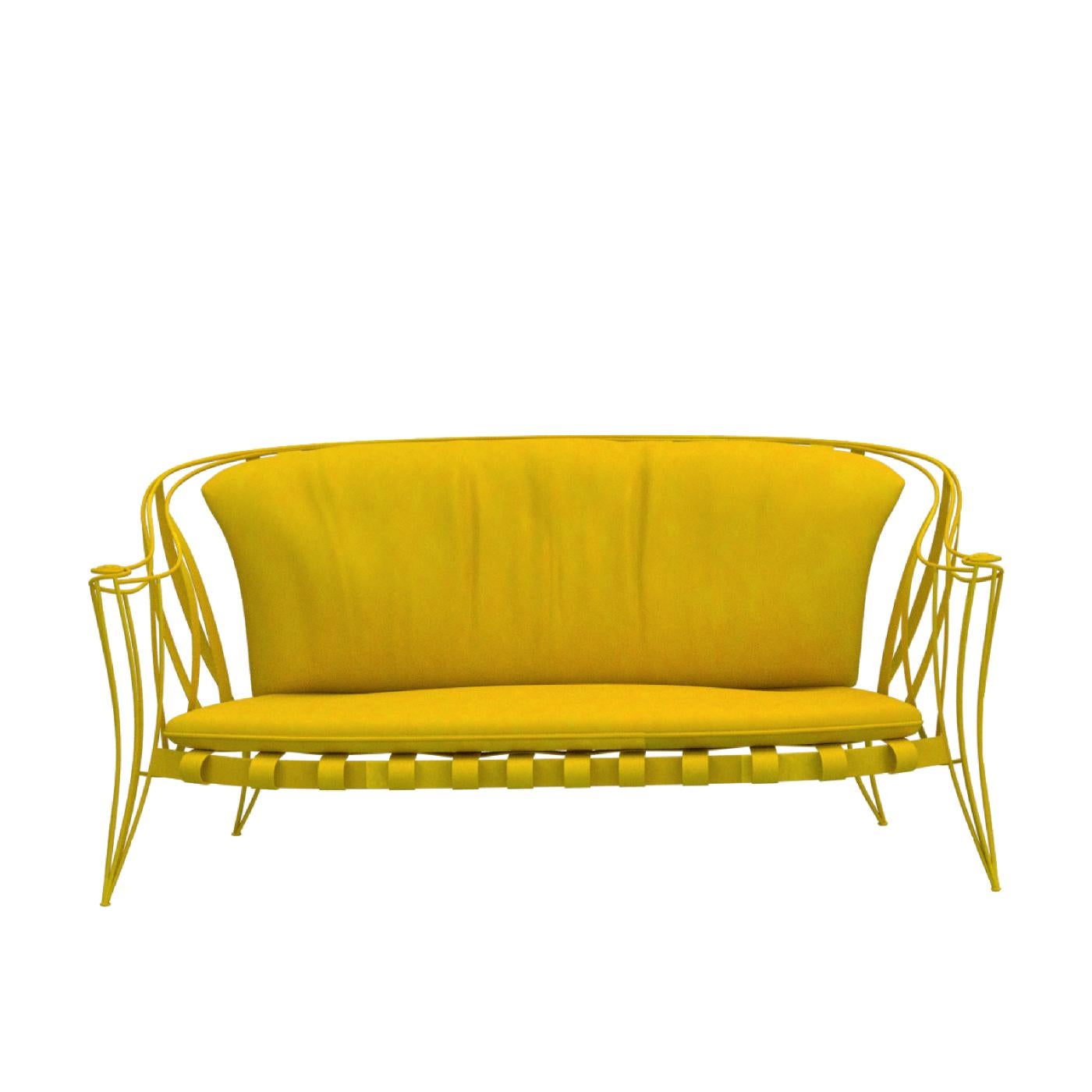 A fine example of skilled craftsmanship and innovative design, this outdoor sofa boasts a highly graphic and sculptural design that will stand out in a modern garden, patio, and pool area. The frame consists of iron rods bent by hand to form a