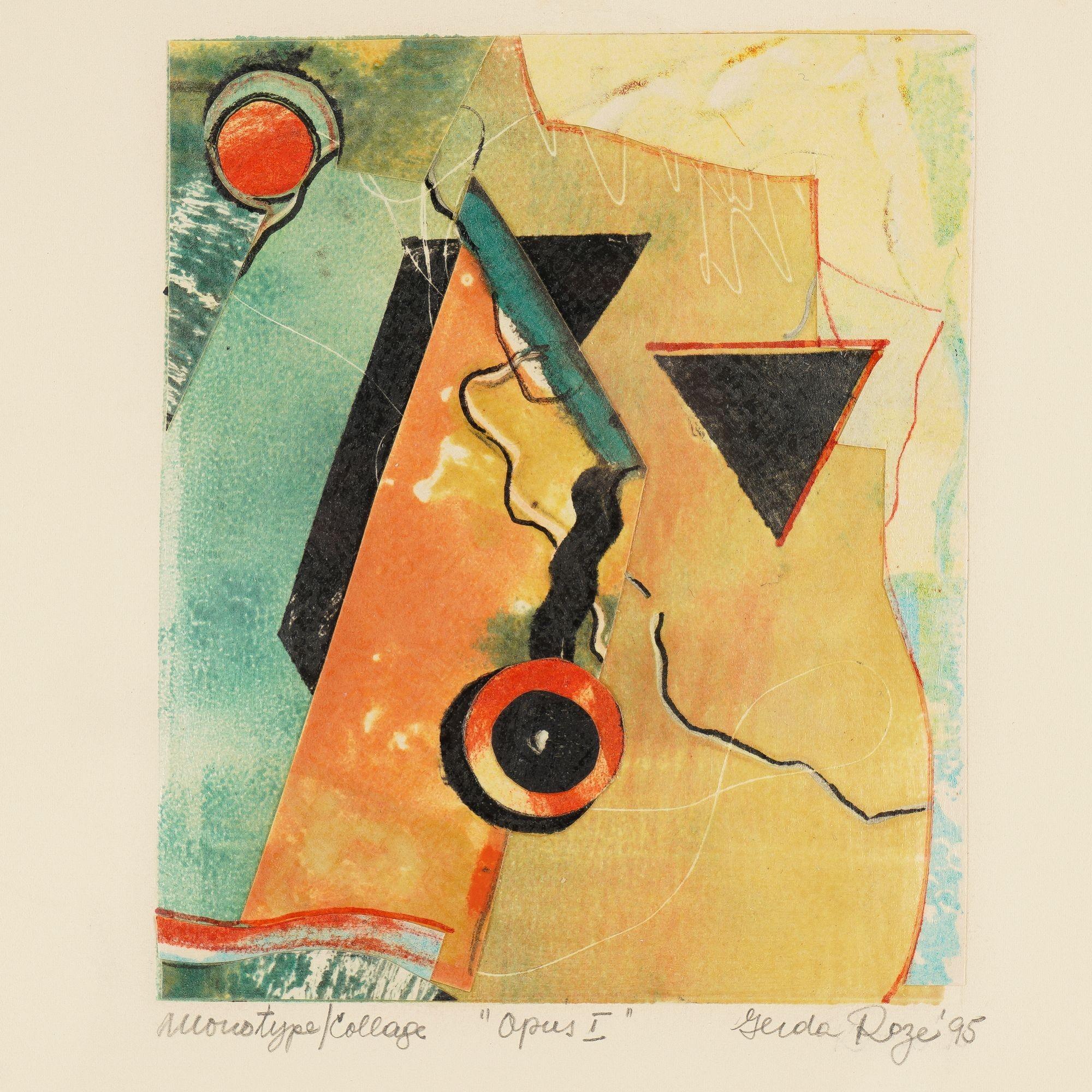 Abstrakte Monotypie-Collage-Komposition von Gerda Roze. Ungegenständliche Abstraktionen ziehen sich seit den frühen 1970er Jahren wie ein roter Faden durch Roze's Werk und spiegeln ihre Unabhängigkeit und Innovation wider. Ihre Werke sind in Firmen-
