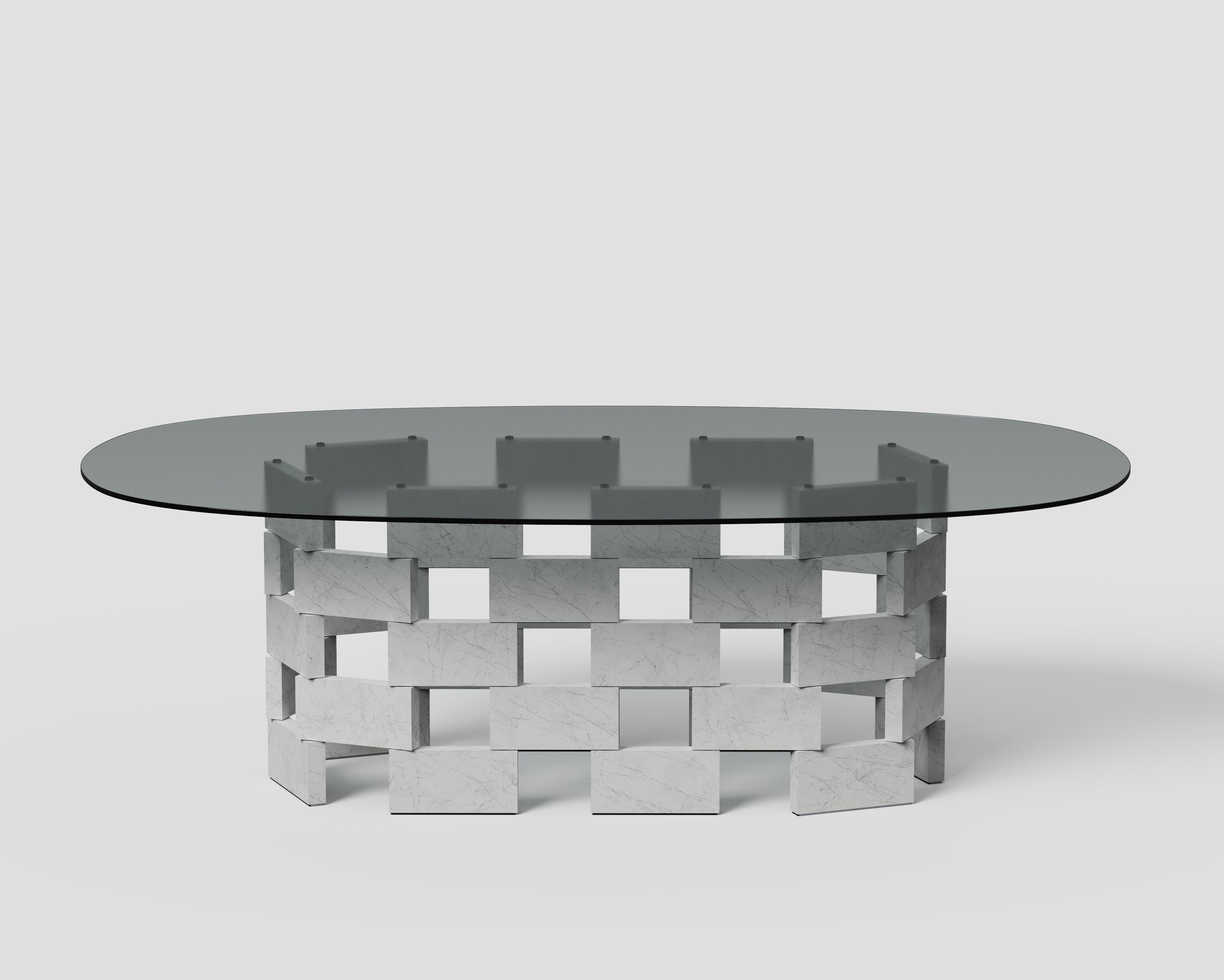 Opus Mod 1 Marble, Extrawhite Glass And Metal Dining Table by Antonio De Marco
Dimensions: D 136 x W 231 x H 73,5 cm. 
Materials: Carrara C Marble, metal, and glass.

Available in different material options. Please contact us.

OPUS is a modular