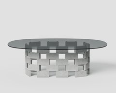 Oval Coffee Table with White Marble Base & Smoky Glass Top by Antonio De Marco