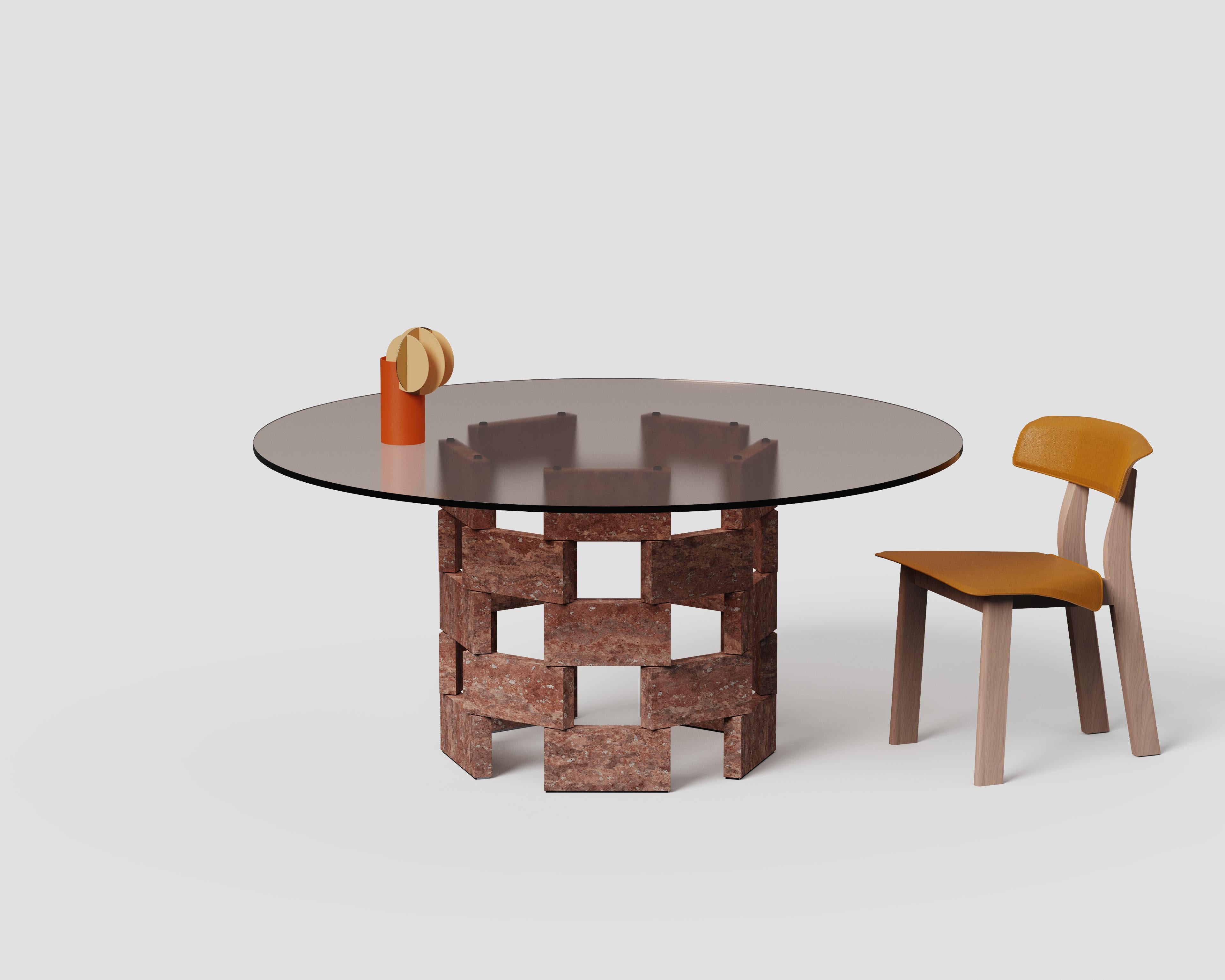 Opus Mod 2 Travertino Rosso, Glass And Metal Dining Table by Antonio De Marco
Dimensions: Ø 160 x H 73,5 cm. 
Materials: Travertino Rosso stone, metal, and glass.

Available in different material options. Prices may vary. Please contact us.

OPUS is