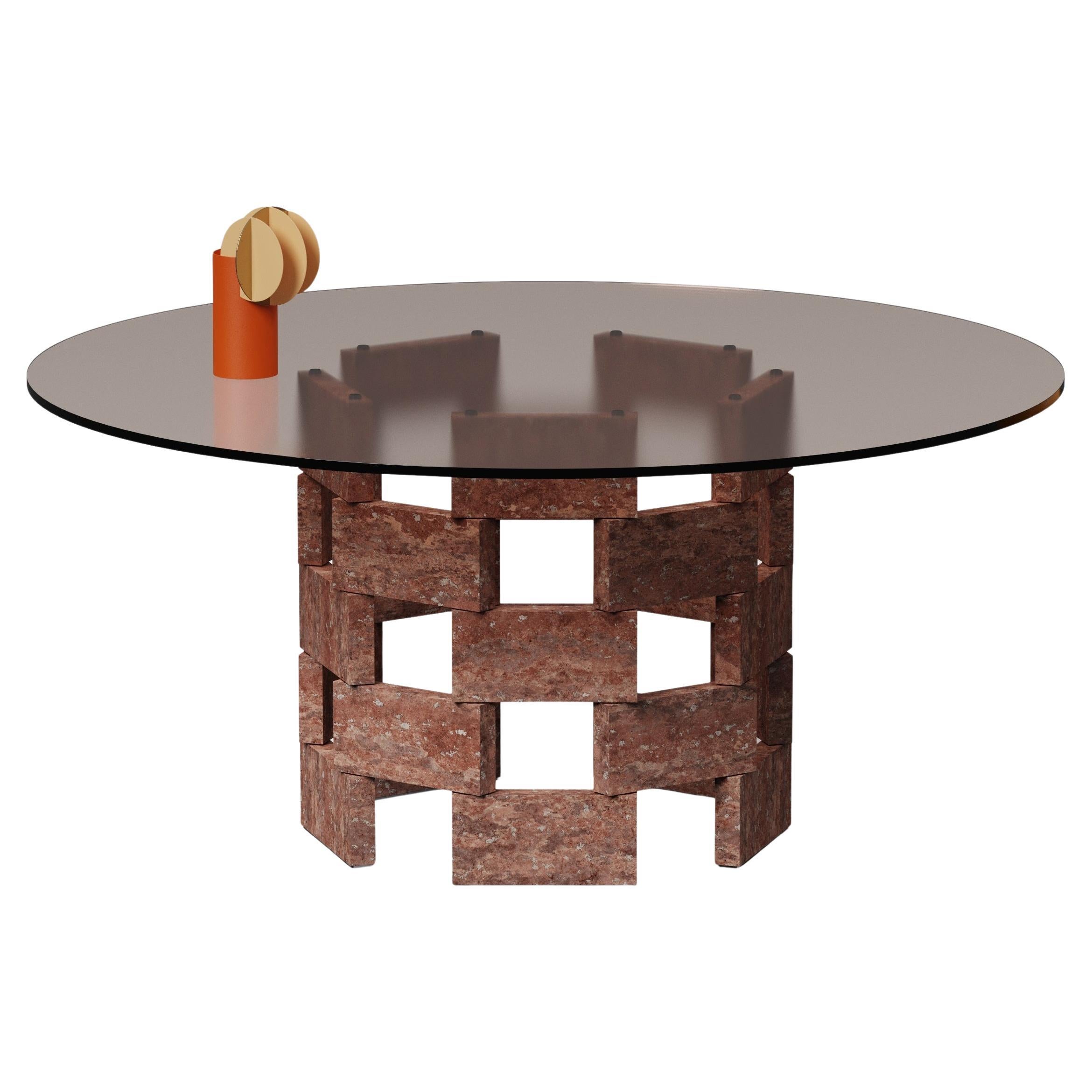 Opus Mod 2 Travertino Rosso, Glass And Metal Dining Table by Antonio De Marco For Sale