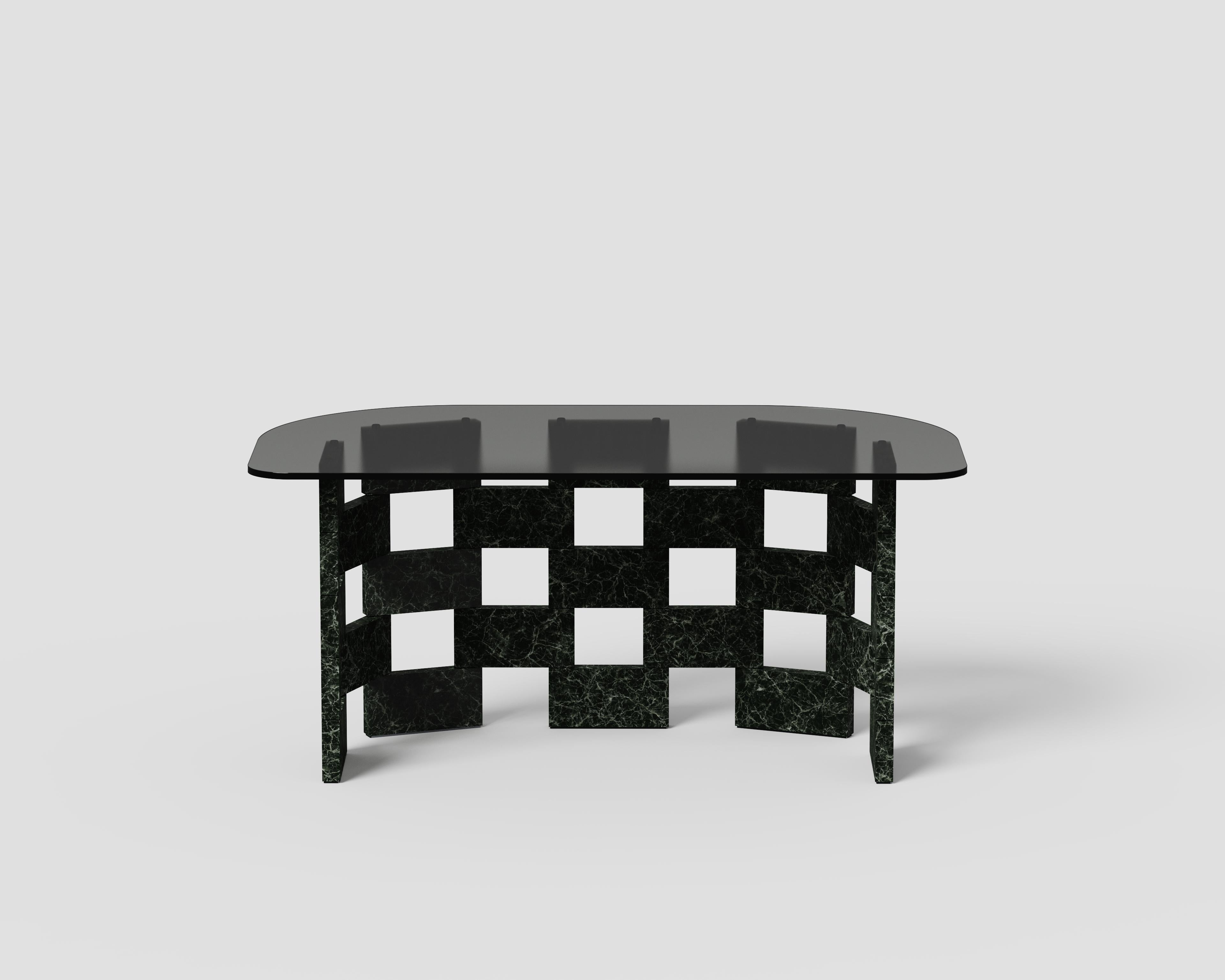 Opus Mod 3 Marble, Extrawhite Glass And Metal Writing Desk by Antonio De Marco
Dimensions: D 85,5 x W 158 x H 73,5 cm. 
Materials: Verde Notte marble, metal, and glass.

Available in different material options. Prices may vary. Please contact