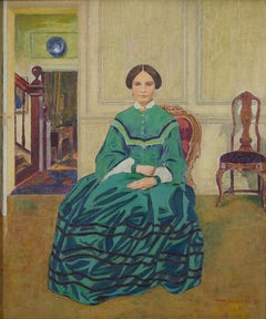 Lady in a Green Gown Portrait, Early 20th Century Interior Scene
