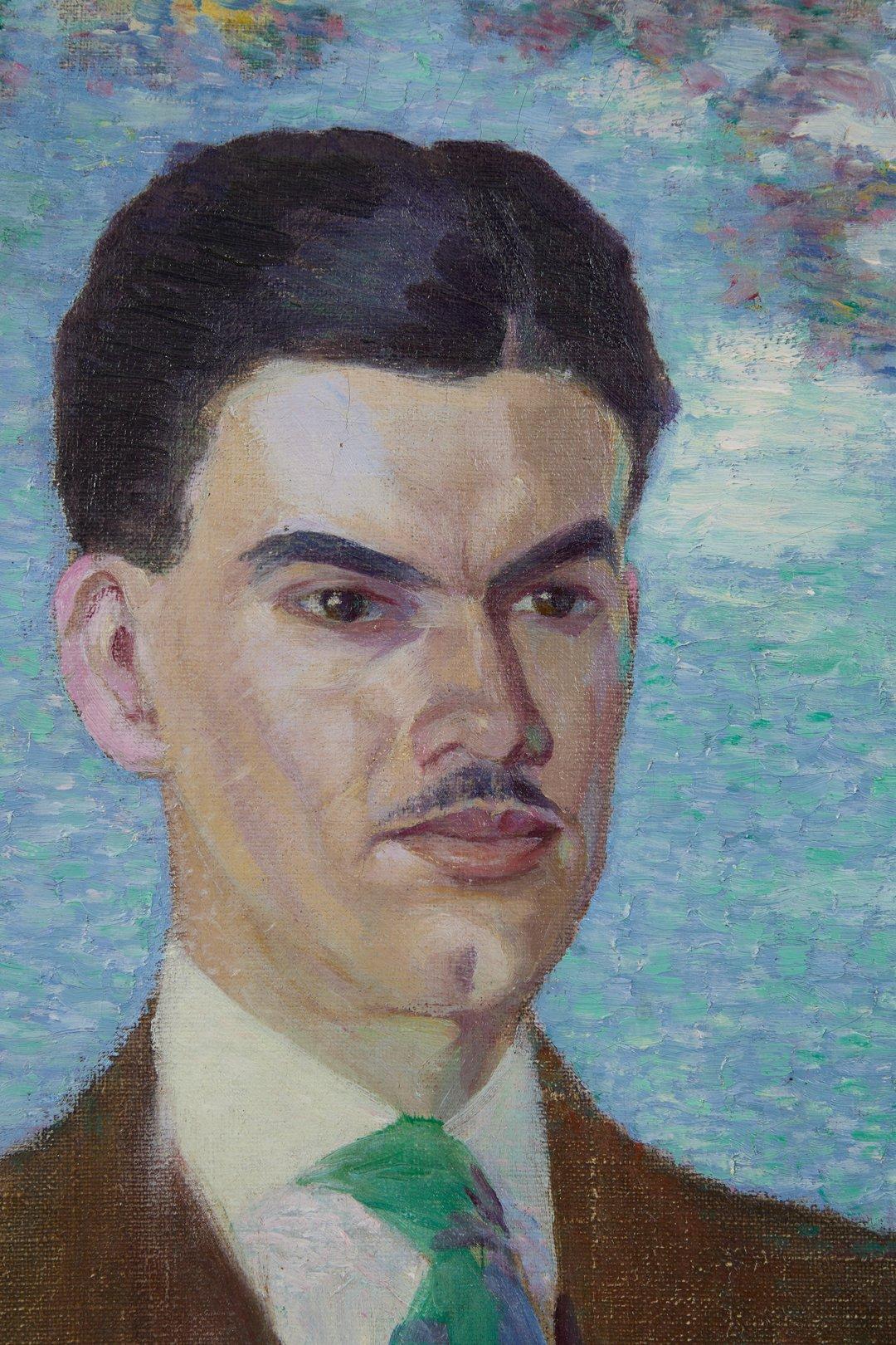 Retrato de De Forest Mellon, principios del siglo XX c/ Paisaje, Escuela de Cleveland - Painting impresionista estadounidense de Ora Coltman
