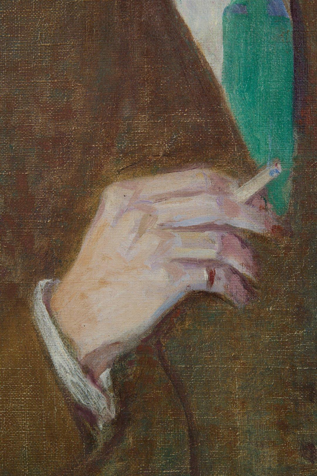 Retrato de De Forest Mellon, principios del siglo XX c/ Paisaje, Escuela de Cleveland - Figurative Painting Gris de Ora Coltman