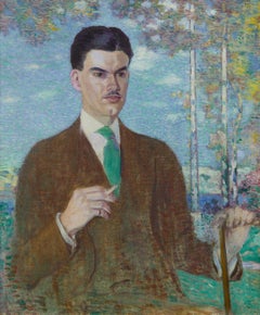 Antique Portrait of De Forest Mellon, Early 20th Century w/ Landscape, Cleveland School