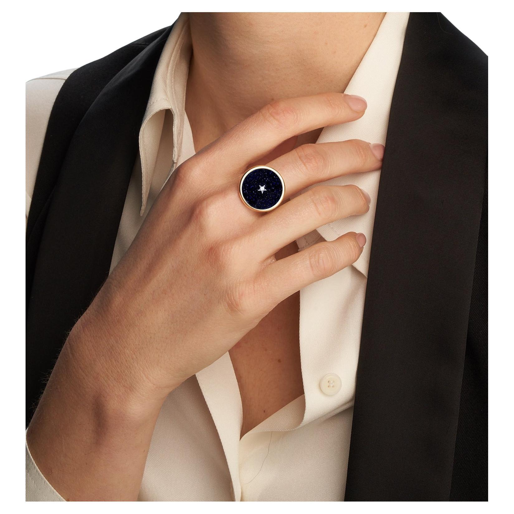Inspired by the magic of the moon in a starry night, this very comfortable ring is slightly adjustable. Believe in the stars. Make a wish. Time is now. 
ORA MIDNIGHT MOSAIC MOON AJUSTABLE RING : 18kt YG, Aventurine, White Mop, White gold star and