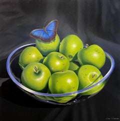 Ora Sorensen, "Blue Butterfly", 30x30 Fruit Apple Bowl Oil Painting on Canvas 