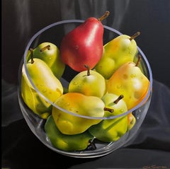 Ora Sorensen, "One Red Pear", 30x30 Fruit Bowl Oil Painting on Canvas 