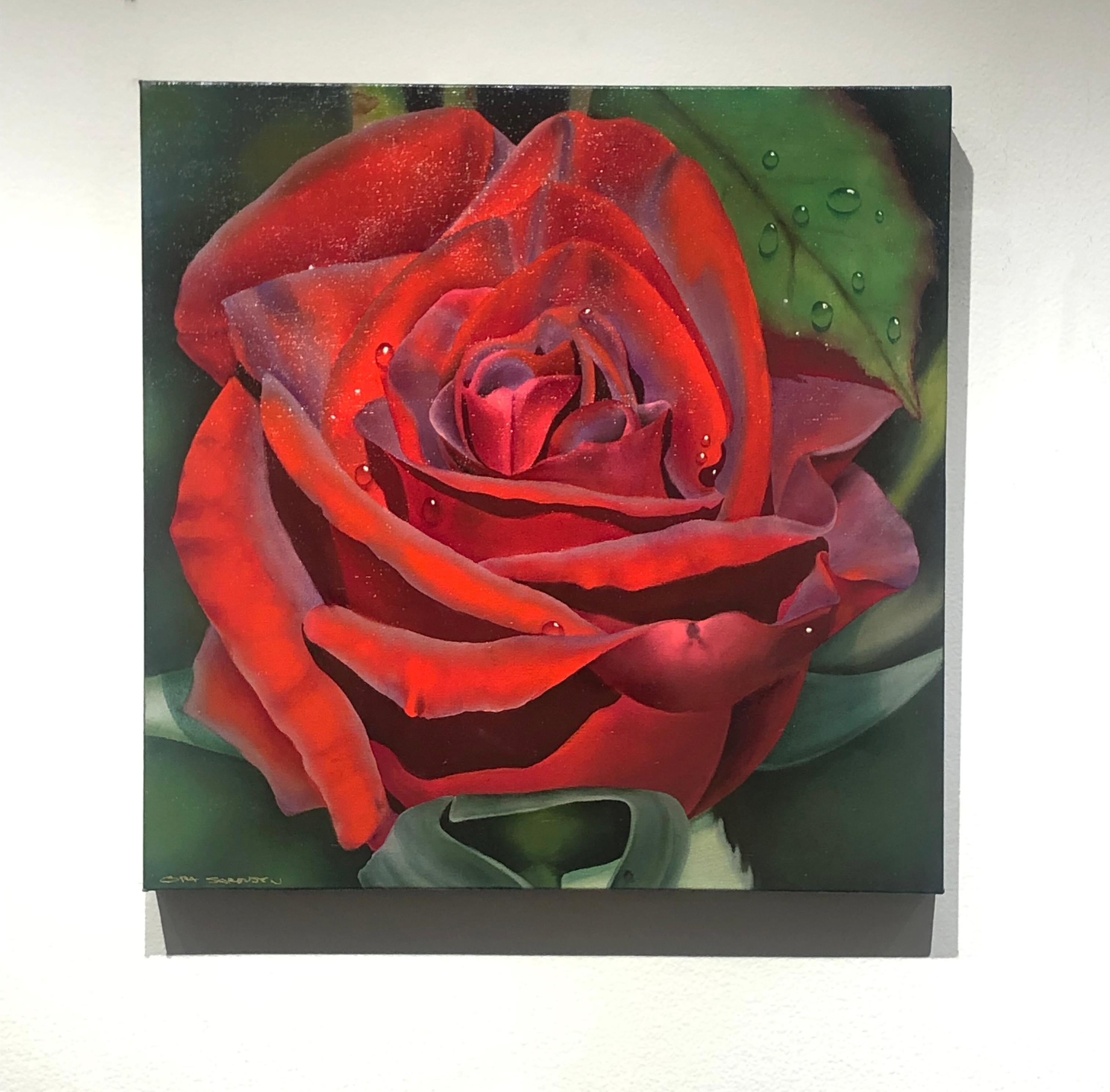 Ora Sorensen, « Morning Dew », peinture à l'huile - Nature morte à fleurs rouges et roses, 20 x 20 cm  en vente 1