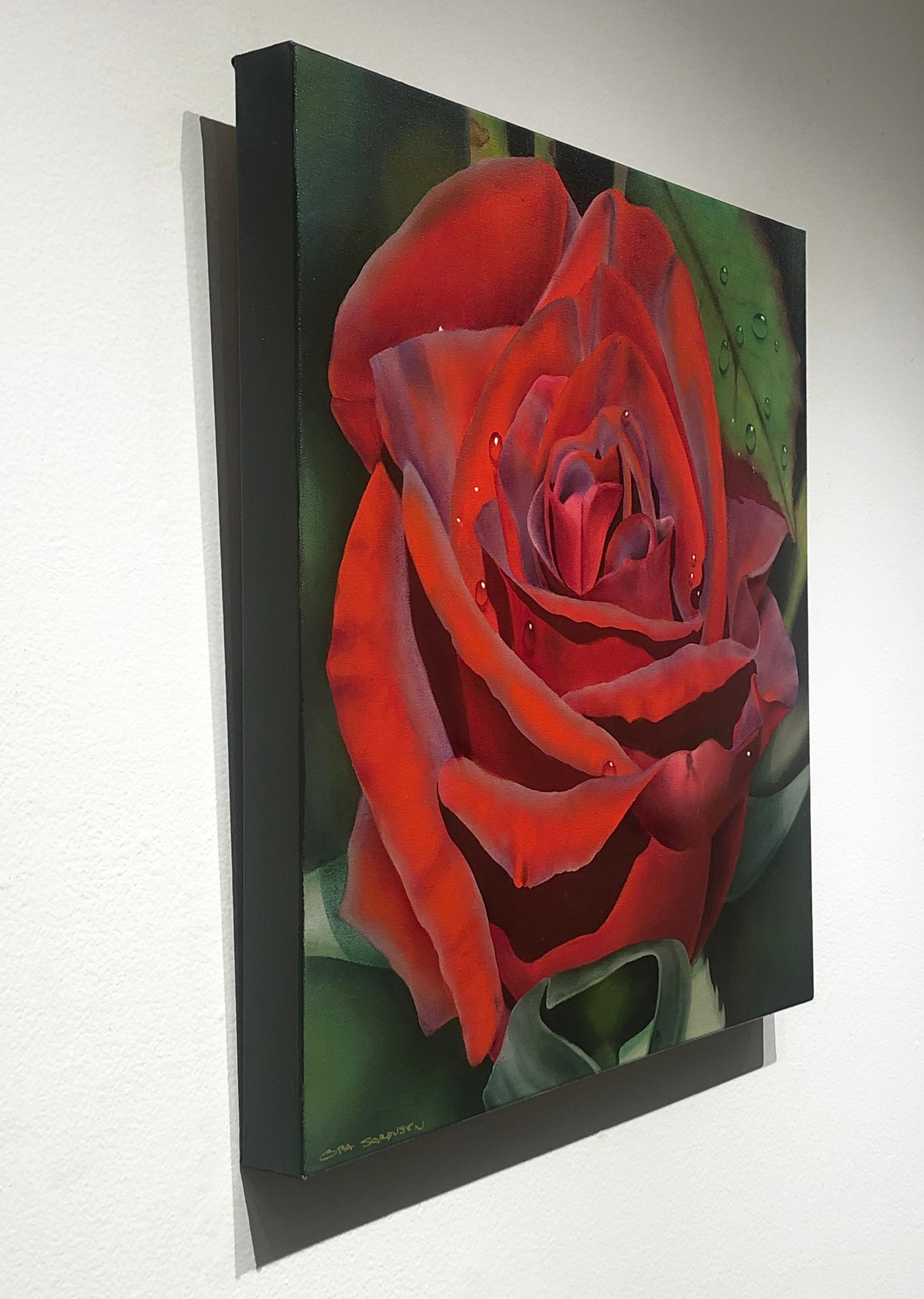 Ora Sorensen, « Morning Dew », peinture à l'huile - Nature morte à fleurs rouges et roses, 20 x 20 cm  en vente 2