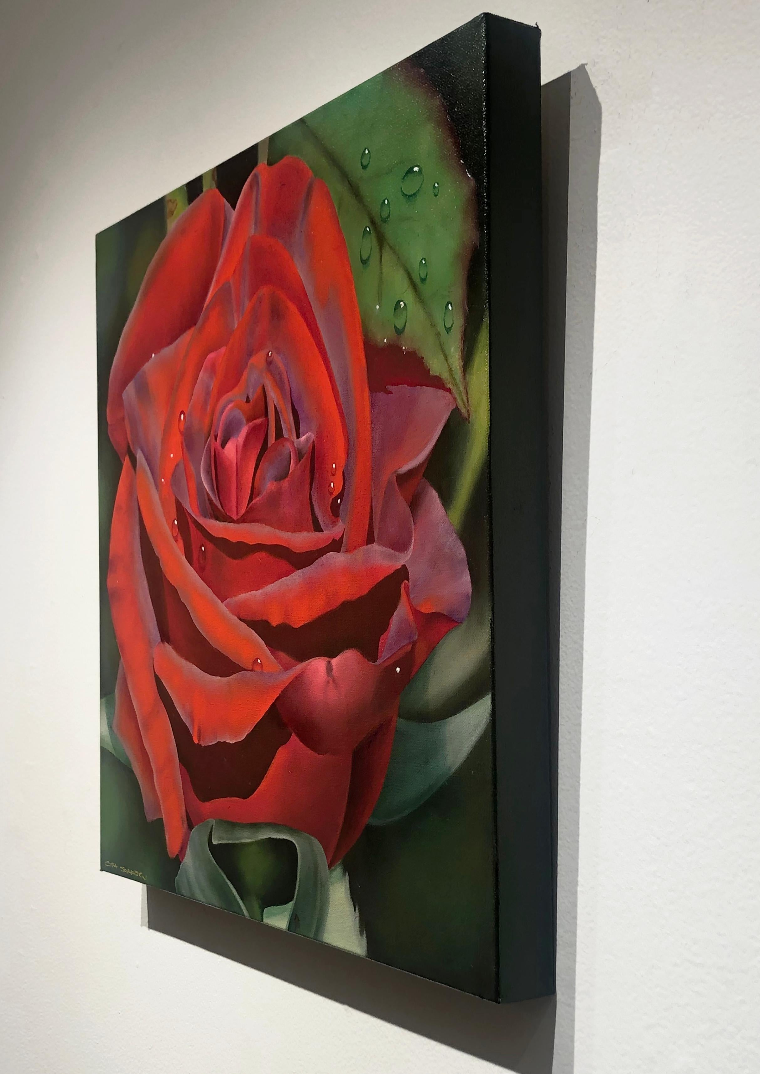 Ora Sorensen, « Morning Dew », peinture à l'huile - Nature morte à fleurs rouges et roses, 20 x 20 cm  en vente 3