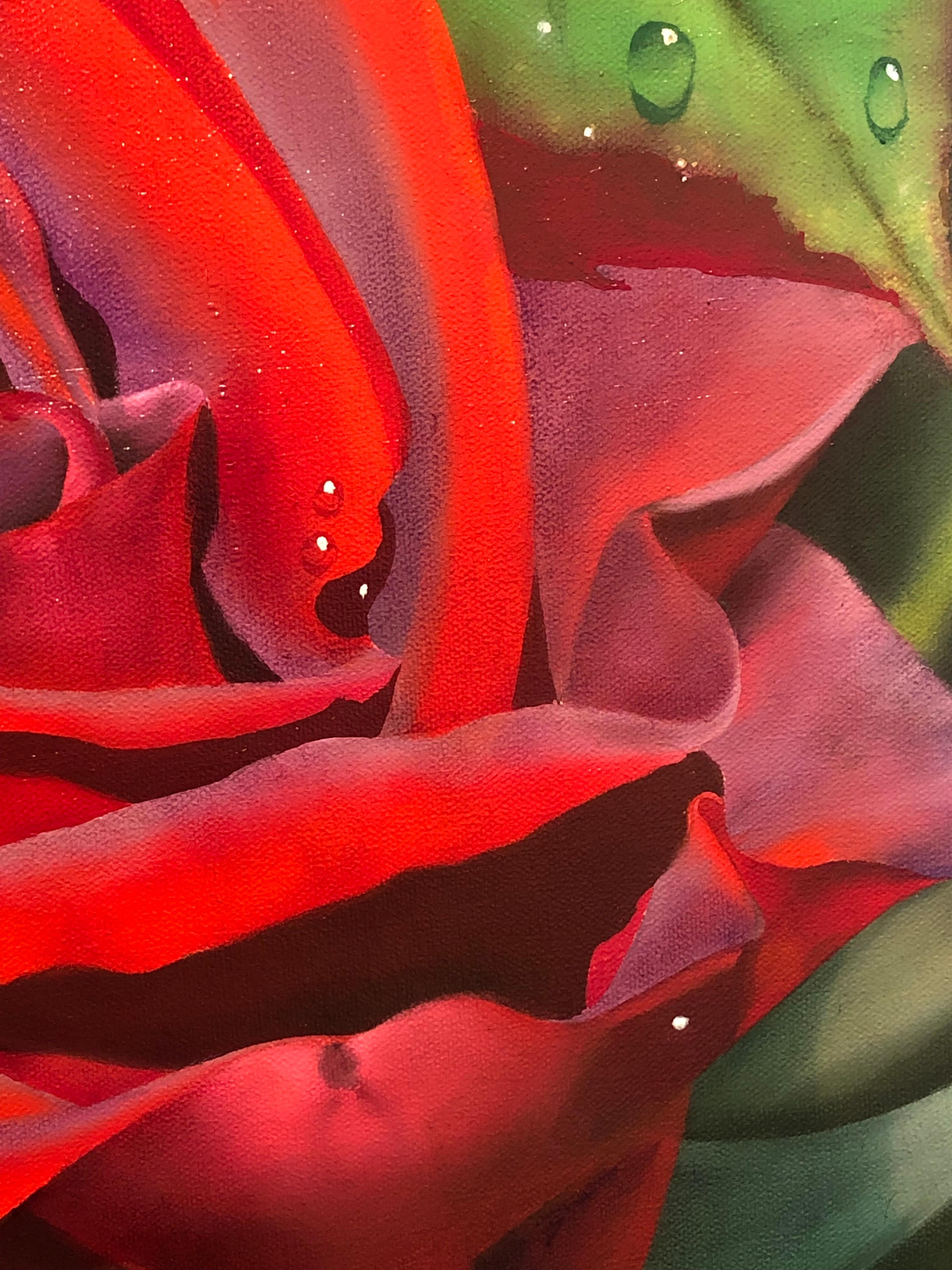 Ora Sorensen, « Morning Dew », peinture à l'huile - Nature morte à fleurs rouges et roses, 20 x 20 cm  en vente 4