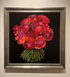Ora Sorensen, "Red Rose Bouqet", 30x30 Photorealistic Still Life Oil Painting