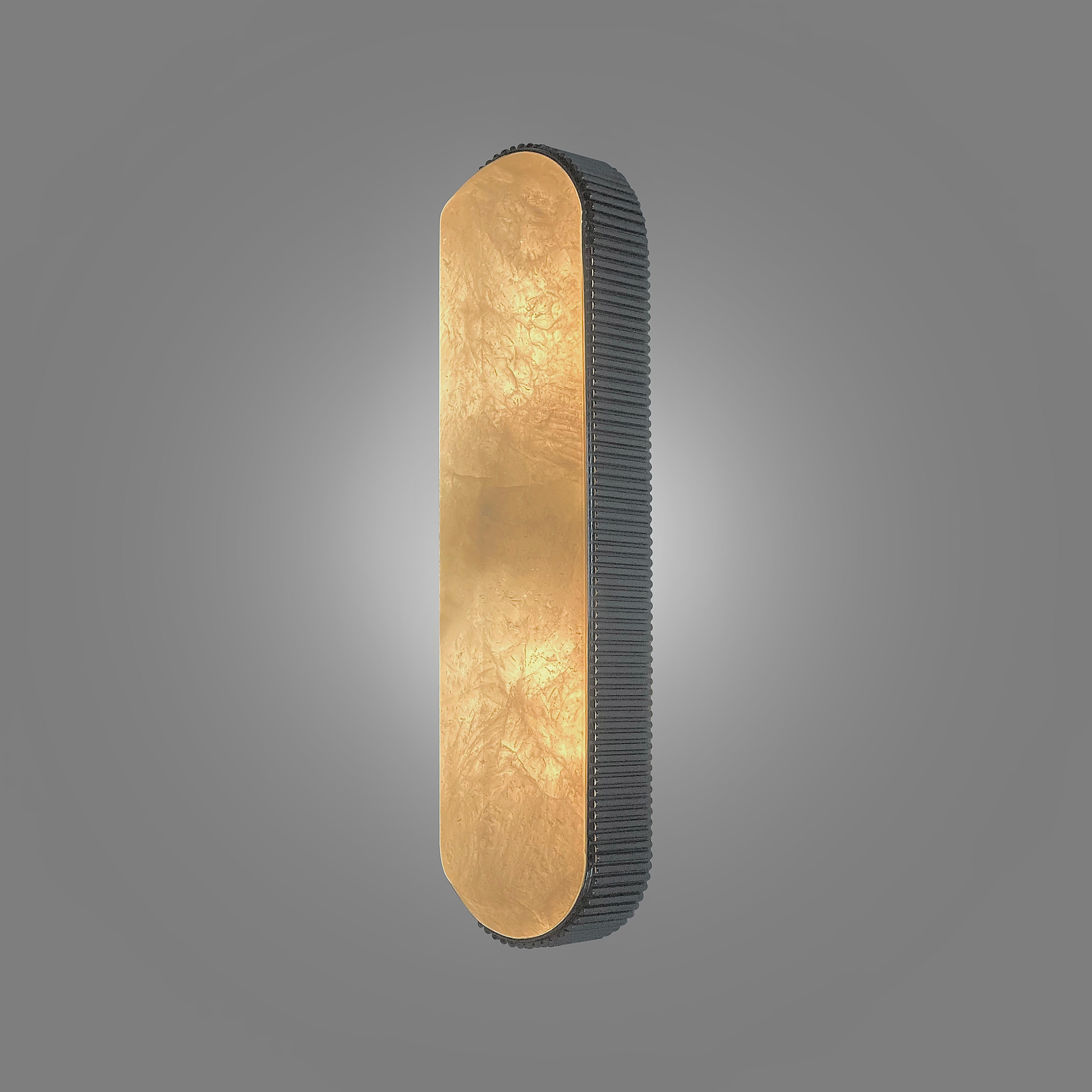 Rock Crystal sconce with aged brass frames 
Created by Phoenix 
Two E26 sockets installed 
120W total 
Custom size and metal finish upon request.

