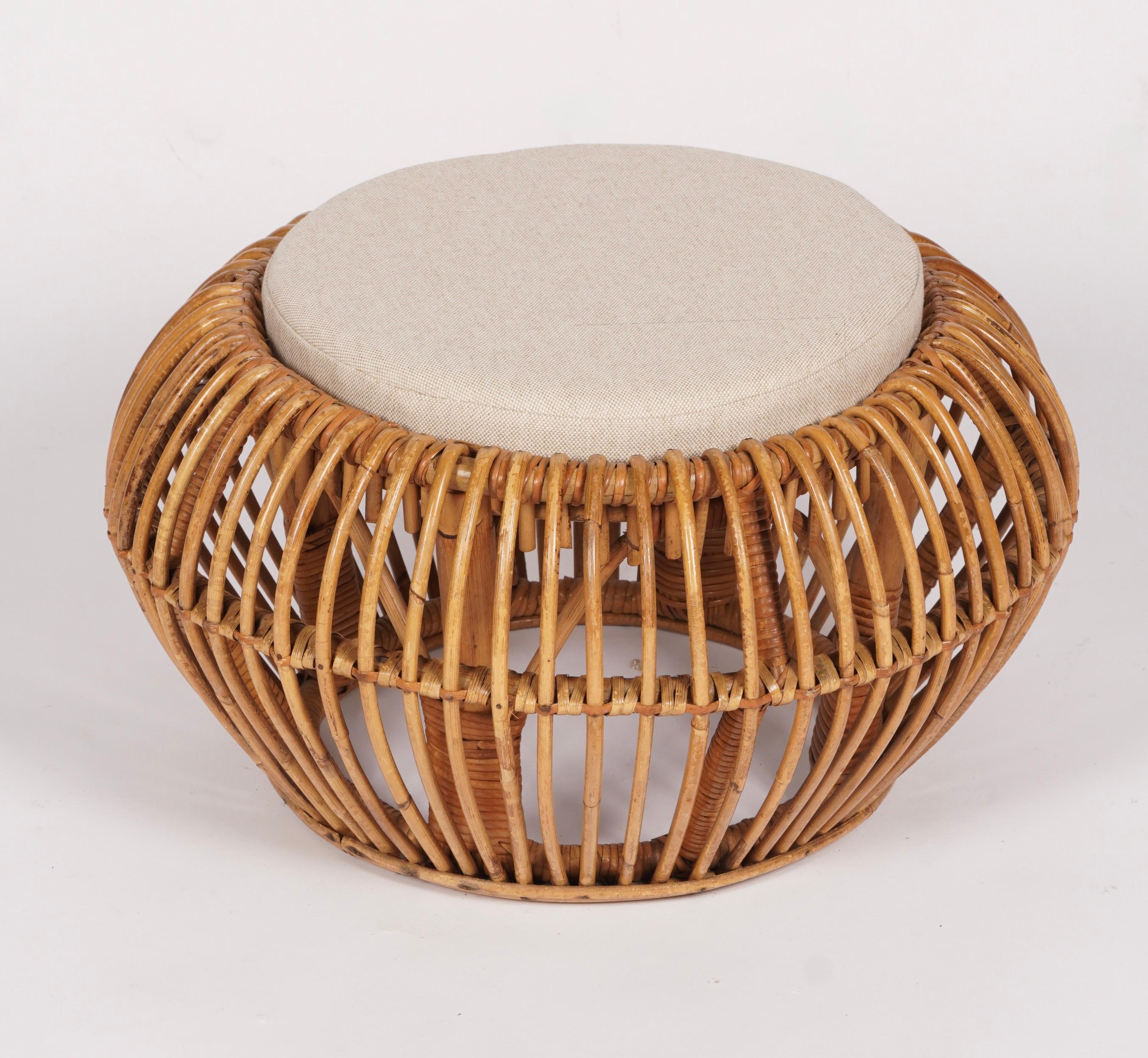 Organic Modern Oragnic Modern Rattan Ottoman with Cushion Insert  c1960s For Sale