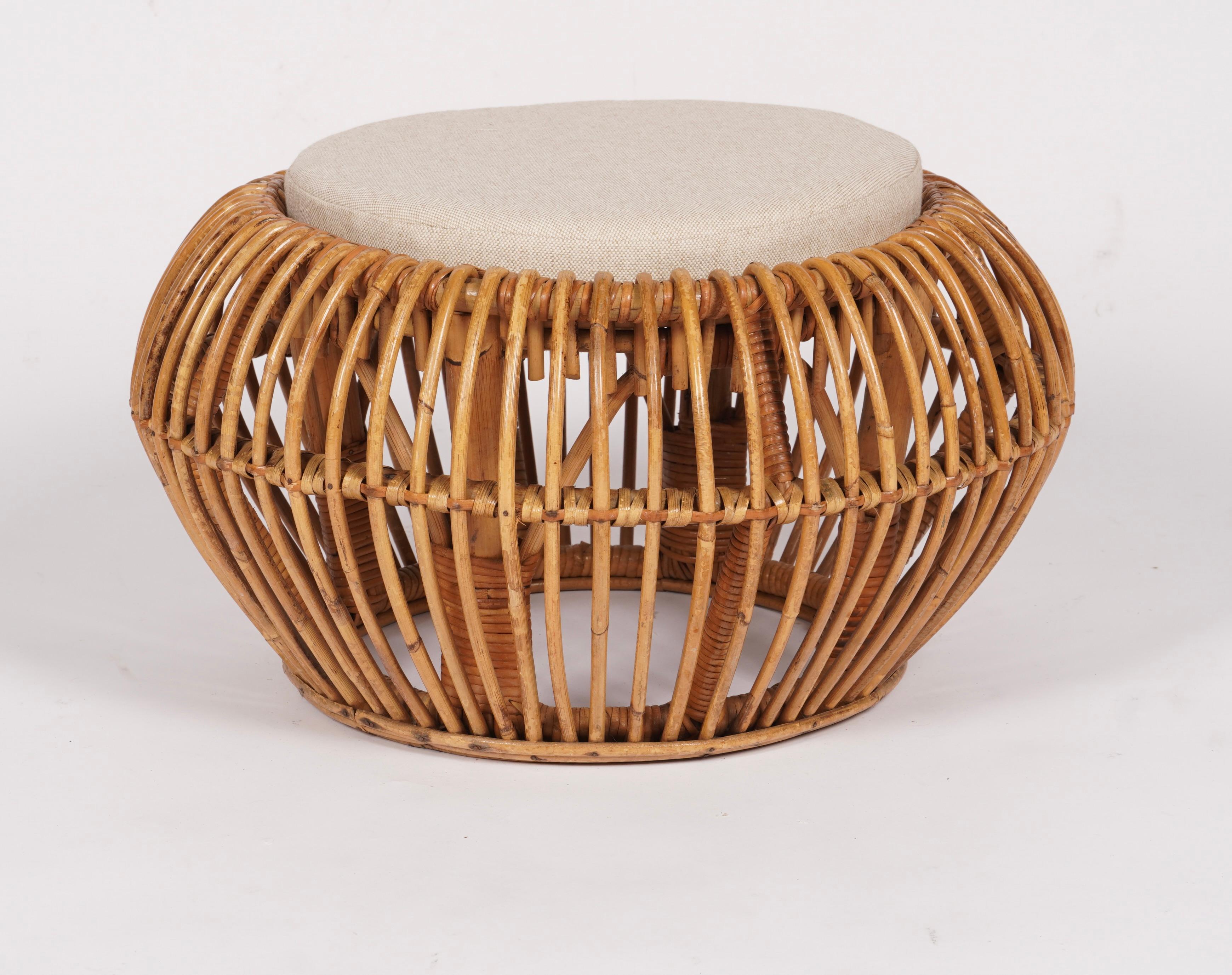 Italian Oragnic Modern Rattan Ottoman with Cushion Insert  c1960s For Sale