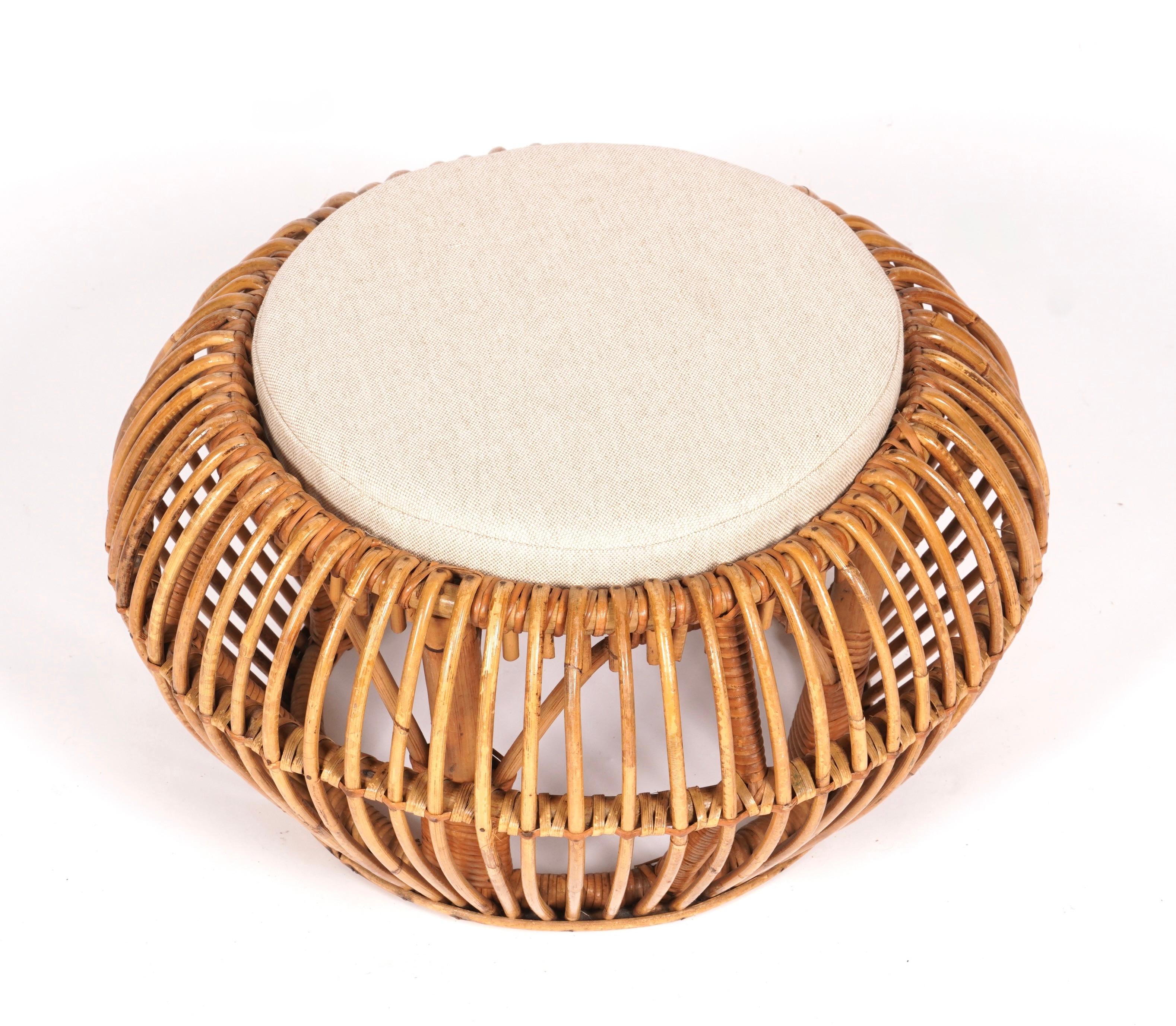 Hand-Crafted Oragnic Modern Rattan Ottoman with Cushion Insert  c1960s For Sale