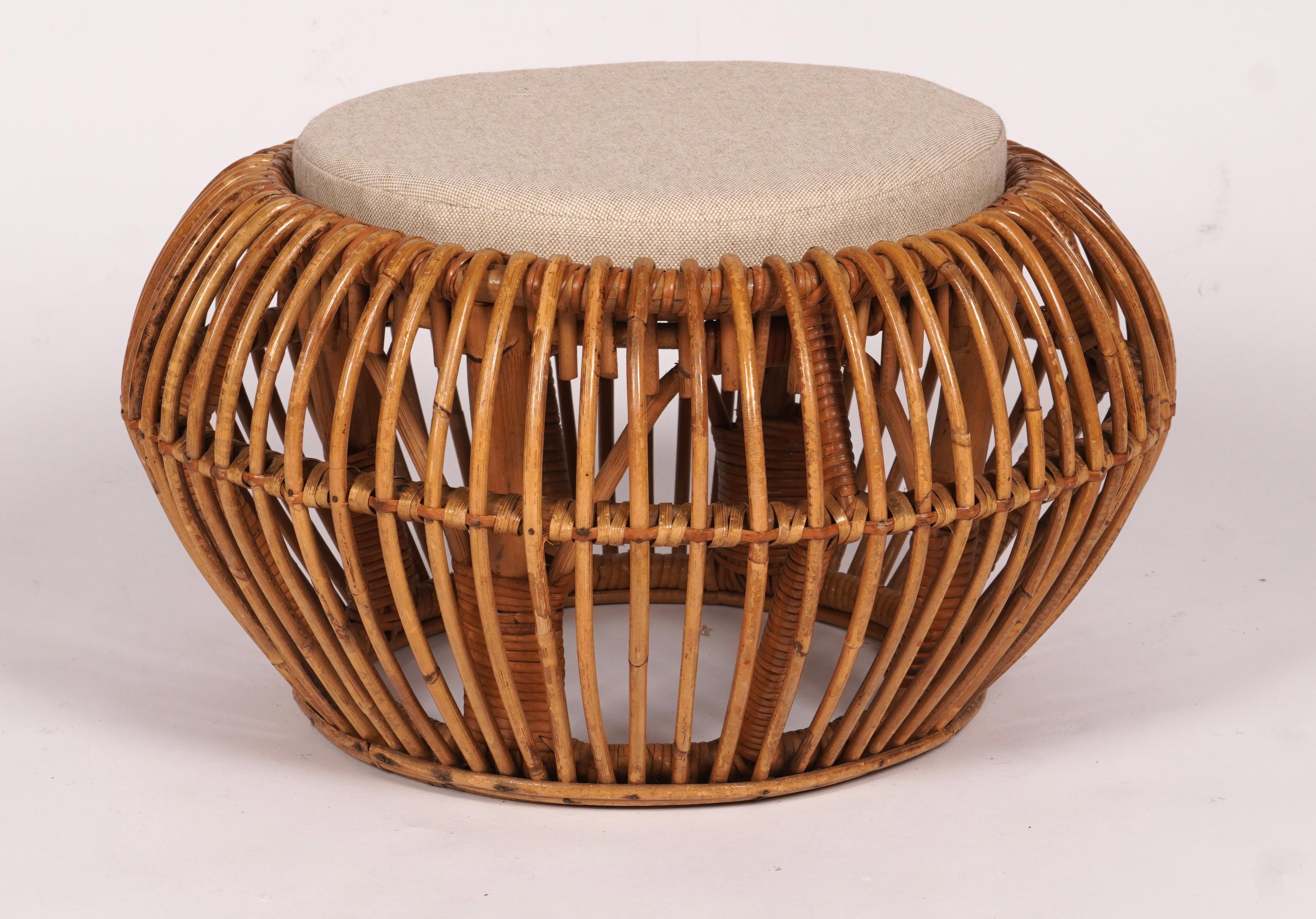 Oragnic Modern Rattan Ottoman with Cushion Insert  c1960s In Good Condition For Sale In Oakland, CA