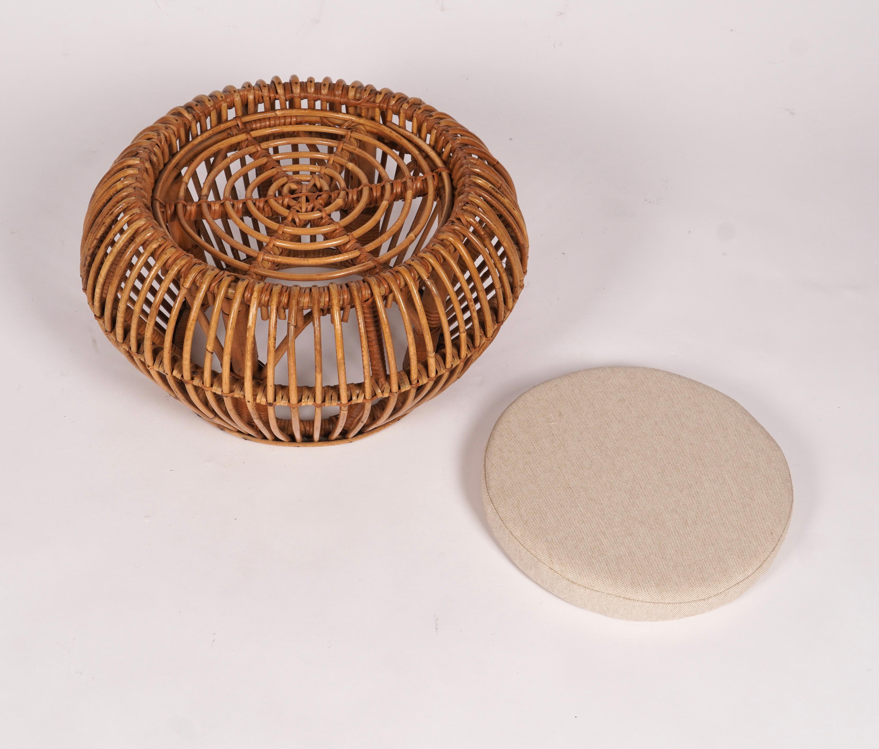 Fabric Oragnic Modern Rattan Ottoman with Cushion Insert  c1960s For Sale