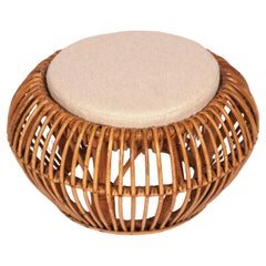 Pouf moderno in rattan Oragnic con inserto in cuscino  anni '60 circa