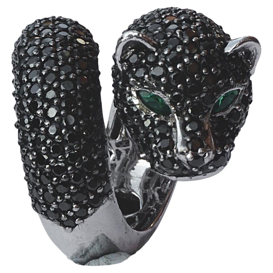 Orah London Sterling Silver Black Leopard Cocktail Ring with Pavé Cubic Zirconia For Sale