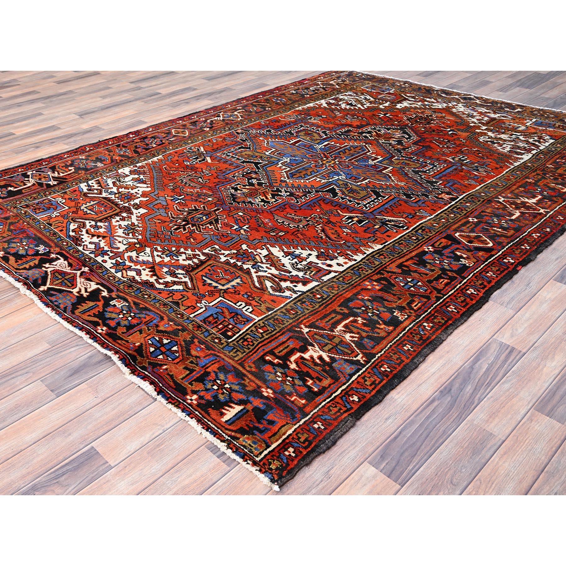 Orange Abrash Hand Knotted Vintage Persian Heriz Evenly Worn Pure Wool Rug In Good Condition For Sale In Carlstadt, NJ