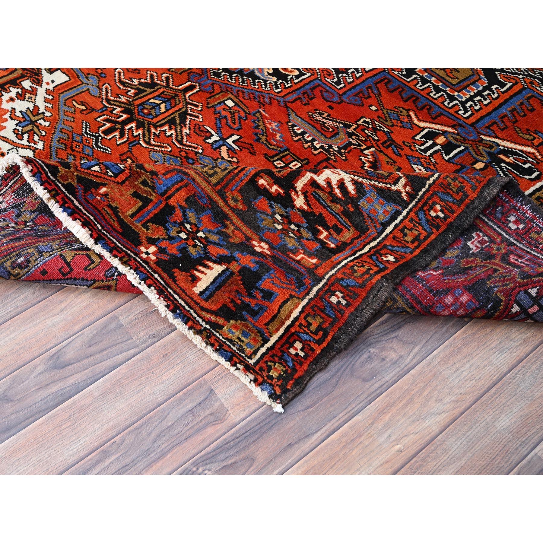 Orange Abrash Hand Knotted Vintage Persian Heriz Evenly Worn Pure Wool Rug For Sale 2