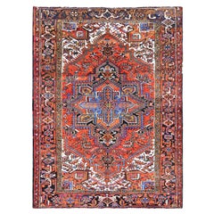 Orange Abrash Hand Knotted Retro Persian Heriz Evenly Worn Pure Wool Rug