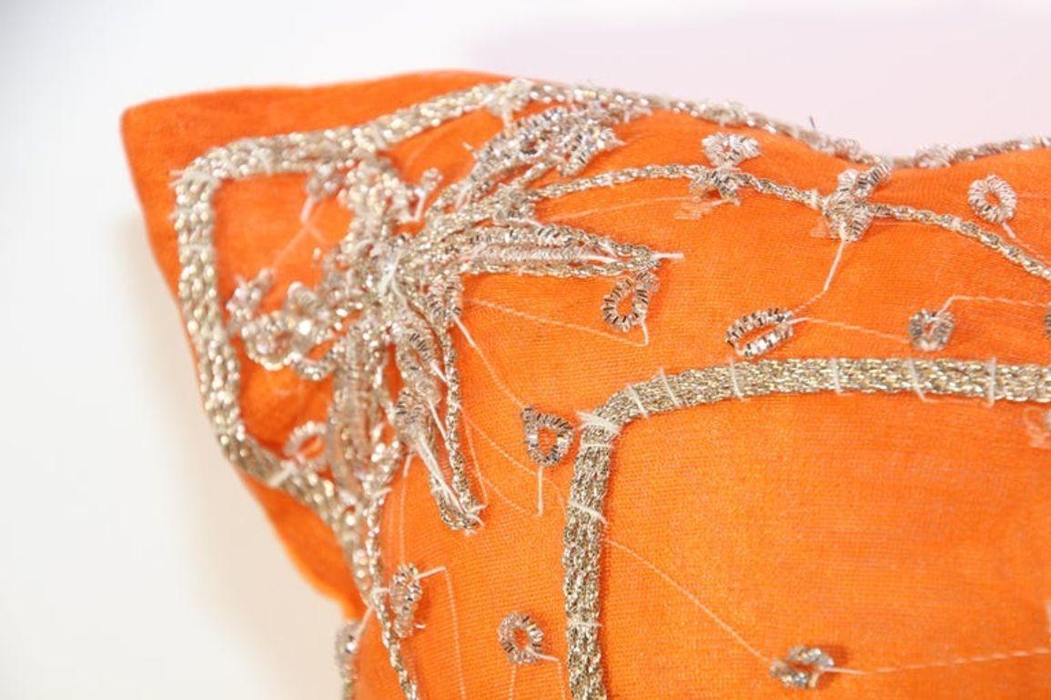 Orange Accent Throw Pillow Embellished with Sequins and Beads For Sale 4