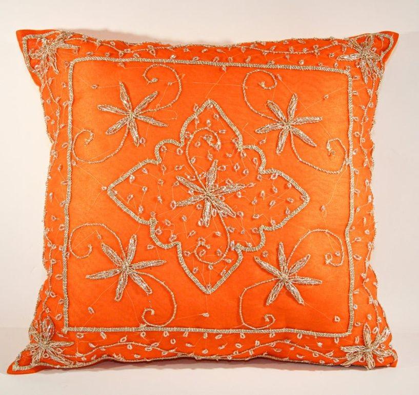 Orange Accent Throw Pillow Embellished with Sequins and Beads For Sale 8
