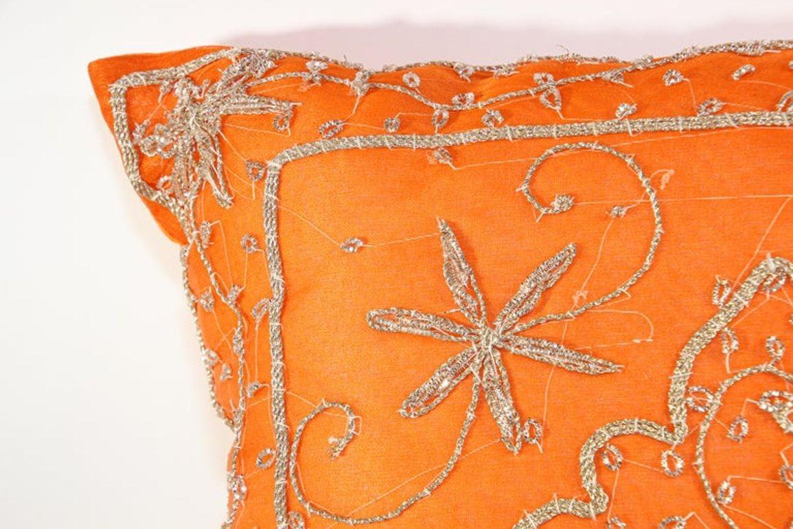 Indian Orange Accent Throw Pillow Embellished with Sequins and Beads For Sale
