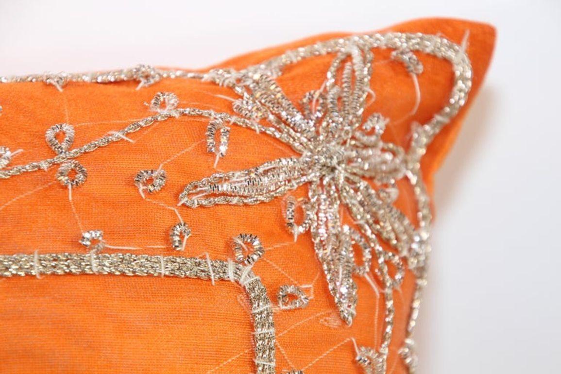 Hand-Crafted Orange Accent Throw Pillow Embellished with Sequins and Beads For Sale
