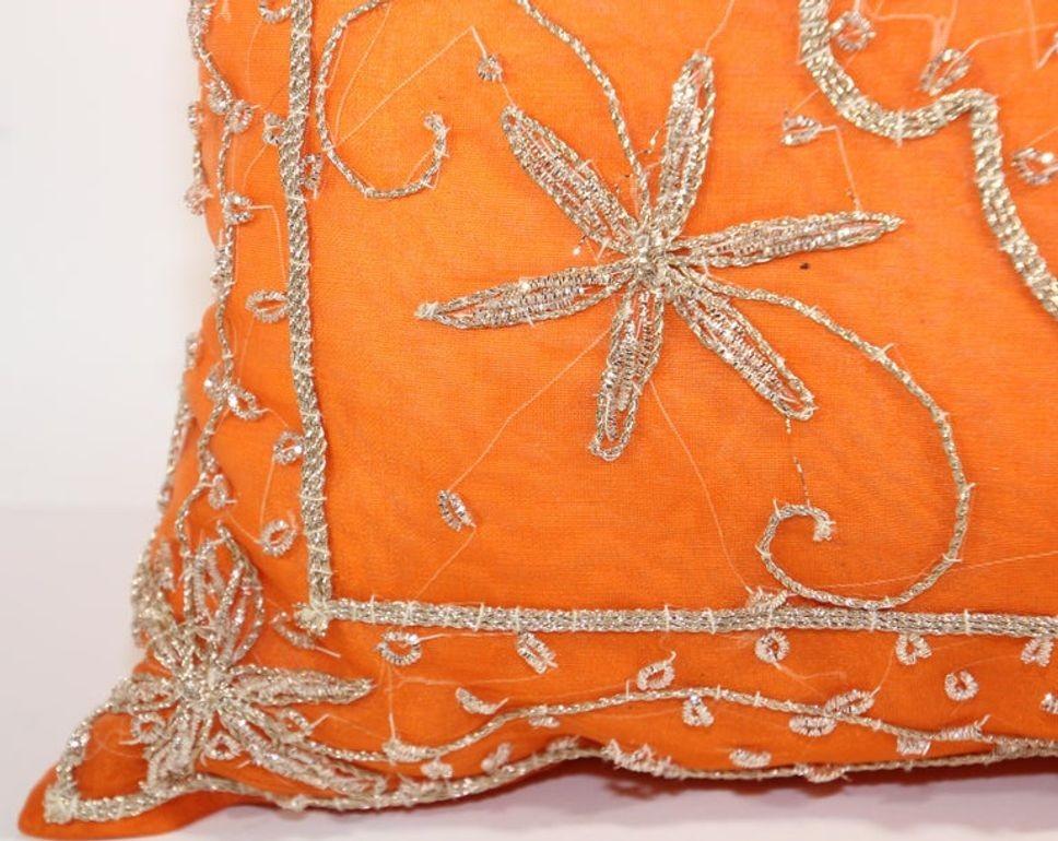 Fabric Orange Accent Throw Pillow Embellished with Sequins and Beads For Sale