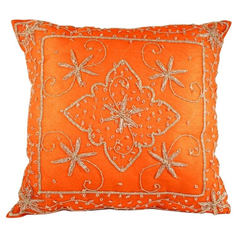 Orange Accent Throw Pillow Embellished with Sequins and Beads For Sale