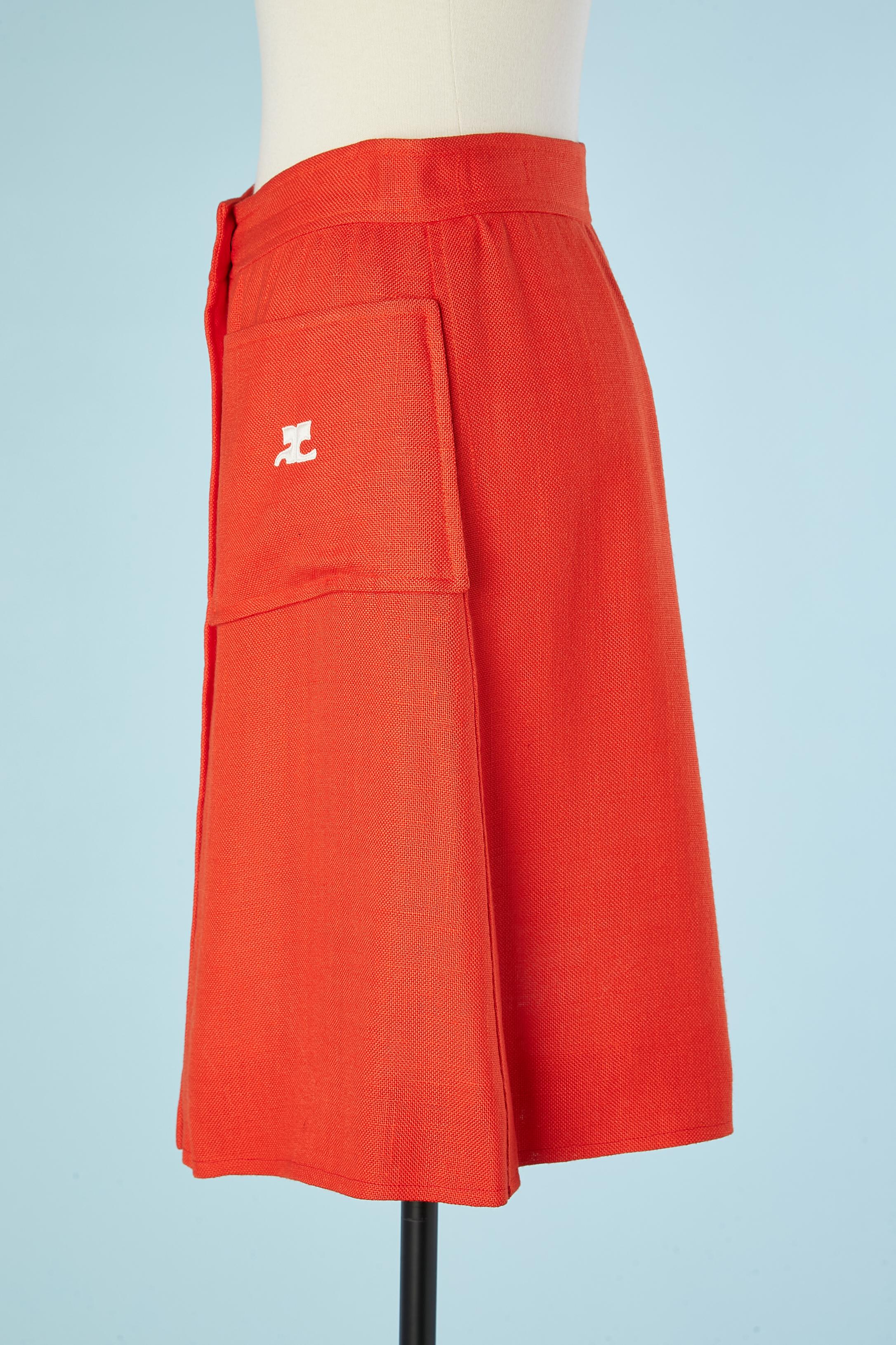 Red Orange acetate A Line skirt with white snaps middle front Courrèges  For Sale