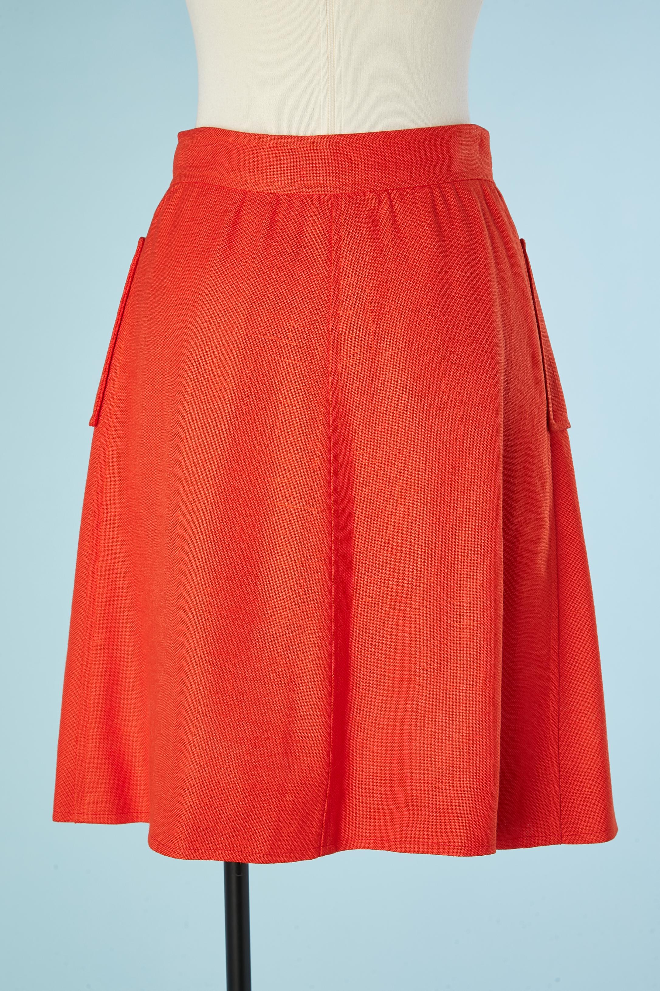 Orange acetate A Line skirt with white snaps middle front Courrèges  In Excellent Condition For Sale In Saint-Ouen-Sur-Seine, FR